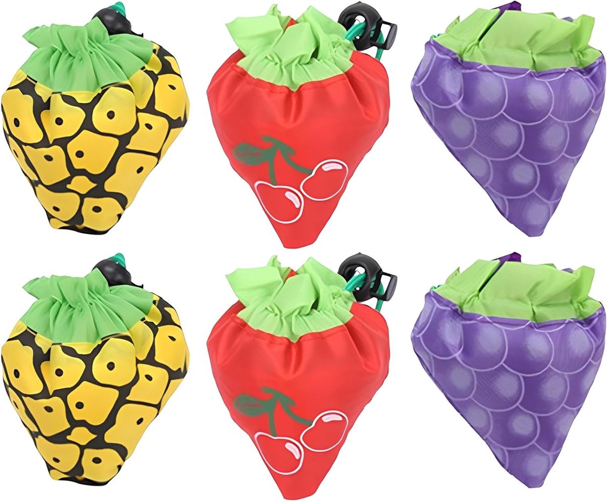 Vouwbare boodschappentassen set van 3 - Kersen, Druiven en Ananas - Herbruikbare en lichtgewicht opbergtassen voor boodschappen en reizen