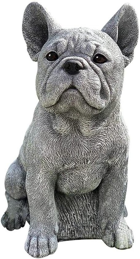 Gros plan d'une statue grise de bouledogue français.