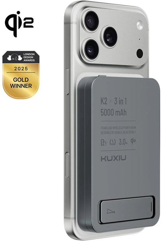 Kuxiu K2 3-in-1 MagSafe Powerbank 5000mAh Qi2 15W Snellader iPhone Apple Watch AirPods Grijs
