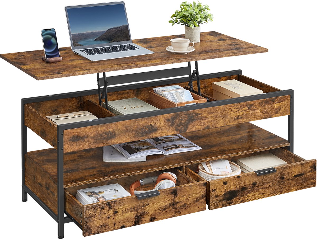 Vasagle Salontafel - Bijzettafel - Verstelbaar Blad - Met Lades en Open Vakken - Voor Woonkamer Vintagebruin-Inktzwart