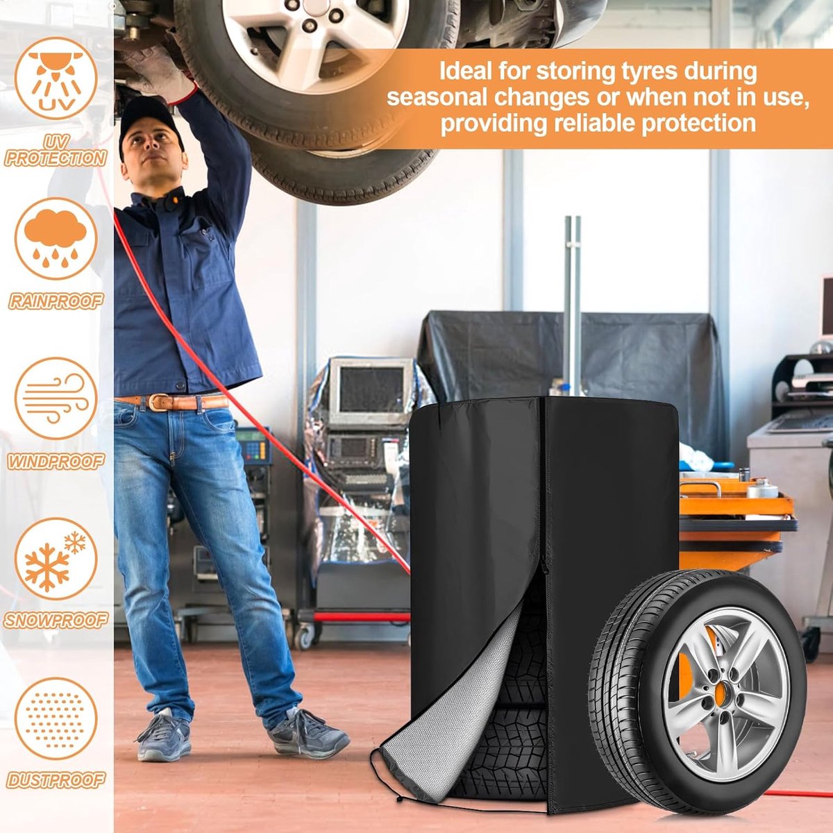 Bandenhoes - hoes voor autobanden - Inclusief 4 kussens - Met ritssluiting - Met trekkoord - maximaal 4 banden van 18-22 inch - 85x120cm - 420D - Waterdicht - Zonwerend - Stofdicht - Autobandentas - Zomerbandenhoes - voor het opslaan van banden – foto 2