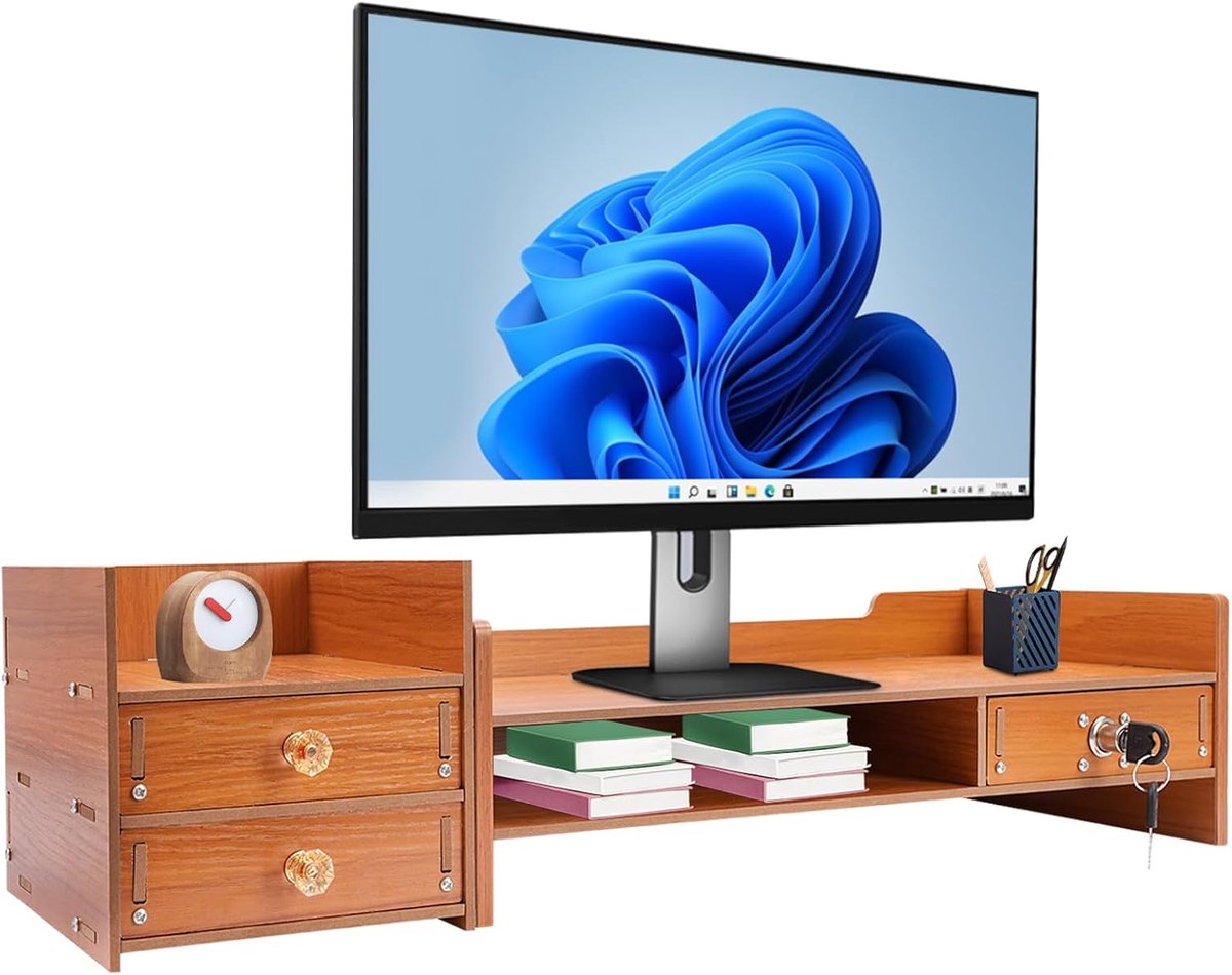 Monitor Verhoger - Bureau Organizer - Opgeruimd Bureau - Met Laden - 48x20x13.5cm - Houtkleur