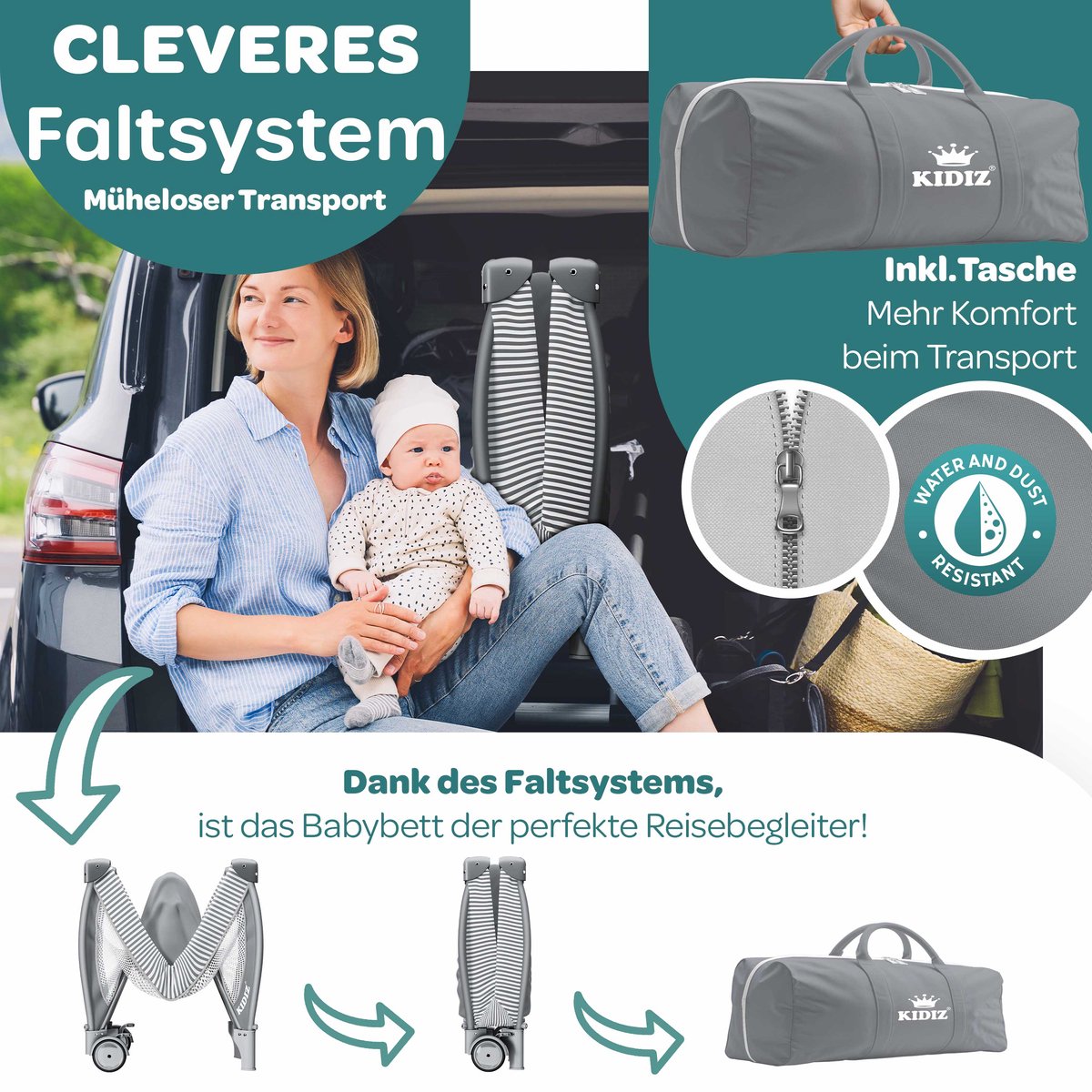 KIDIZ Campingbedje 3-in-1: opvouwbare reiswieg met luiertafel thumbnail 8