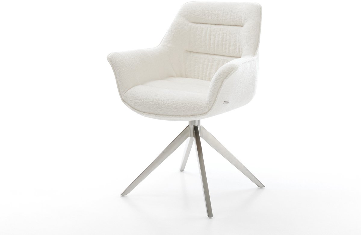 Eetkamerstoel Kaira-Flex kruisframe breed roestvrij staal bouclé zacht beige 360° draaibaar rocker-functie
