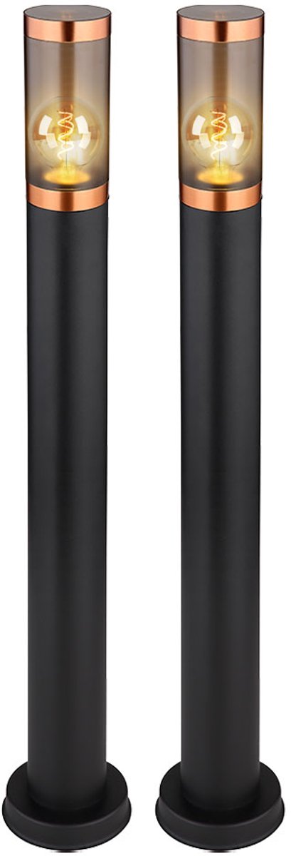 Vloerlamp tuin buitenlamp vloerlamp padverlichting roestvrij staal, koper accent black smoke, 1x E27, DxH 7,6x80 cm, set van 2