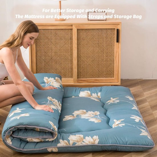 Japanse Vloermatras - Comfortabel Slaapkussen - Ruimtebesparend Slapen - Traagschuim Vulling - 135 x 190 cm - Blauw — afbeelding 5