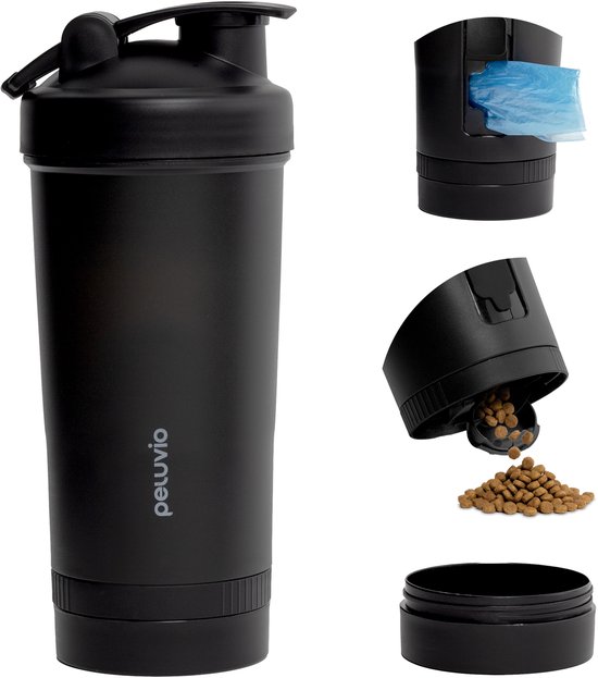 Bouteille noire avec différentes pièces : distributeur de sacs, conteneur de nourriture et couvercle.