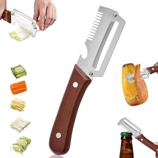 1 Pièce Économe Multifonctionnel pour Légumes de Cuisine, Économe avec Poignée en Bois, Économe de Légumes et Fruits 3-en-1 avec Ouvre-Bouteille et Râpe, Économe de Cuisine en Acier Inoxydable avec Lame Large pour Pommes