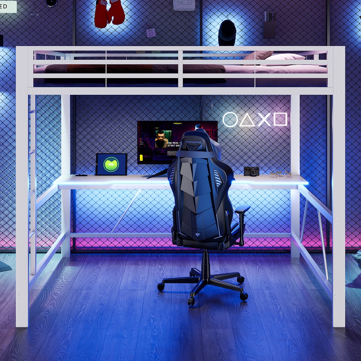 160x200 cm hoogslaper met LED-verlichting - USB-oplaadstation en bureau - wit - zonder matras