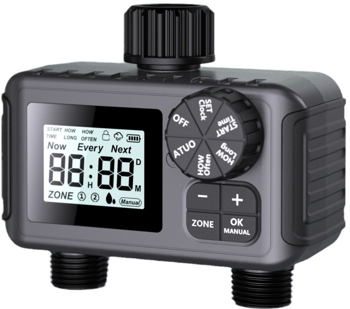 2-zone sproeier timer – Programmeerbare tuinslang klok, auto/manueel/regenvertraging, waterzuinig, waterdicht en eenvoudig te monteren