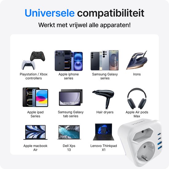 Universele compatibiliteit werkt met vrijwel alle apparaten: controllers, iPhones, Samsung Galaxy, strijkijzers, iPads, tabbladen, haardrogers, AirPods, Macbooks, Dell Xps, Lenovo Thinkpads.