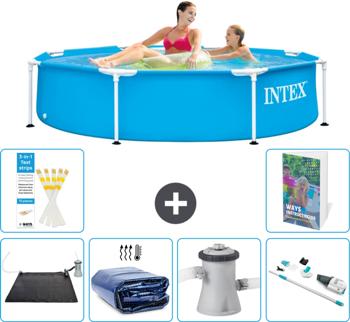 Intex Rond Frame Zwembad - 244 x 51 cm - Blauw - Inclusief Solar Mat - Solarzeil - Zwembadfilterpomp - Stofzuiger - 7-delig