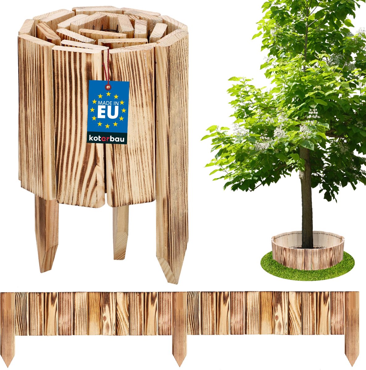 KOTARBAU® Bloembedrand, Rolborder, 110 x 15 cm, Gebrand Hout, Tuinafscheiding, Houten Tuinhek, Borderrand, Palissade, Schapenhek, Tuindecoratie