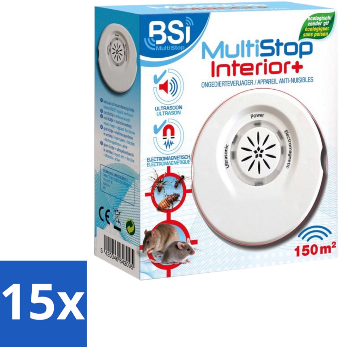 BSI – Multistop Interior Plus – Ultrasone Ongedierteverjager – Bereik tot 150 m² - Bulkverpakking - 15 stuks
