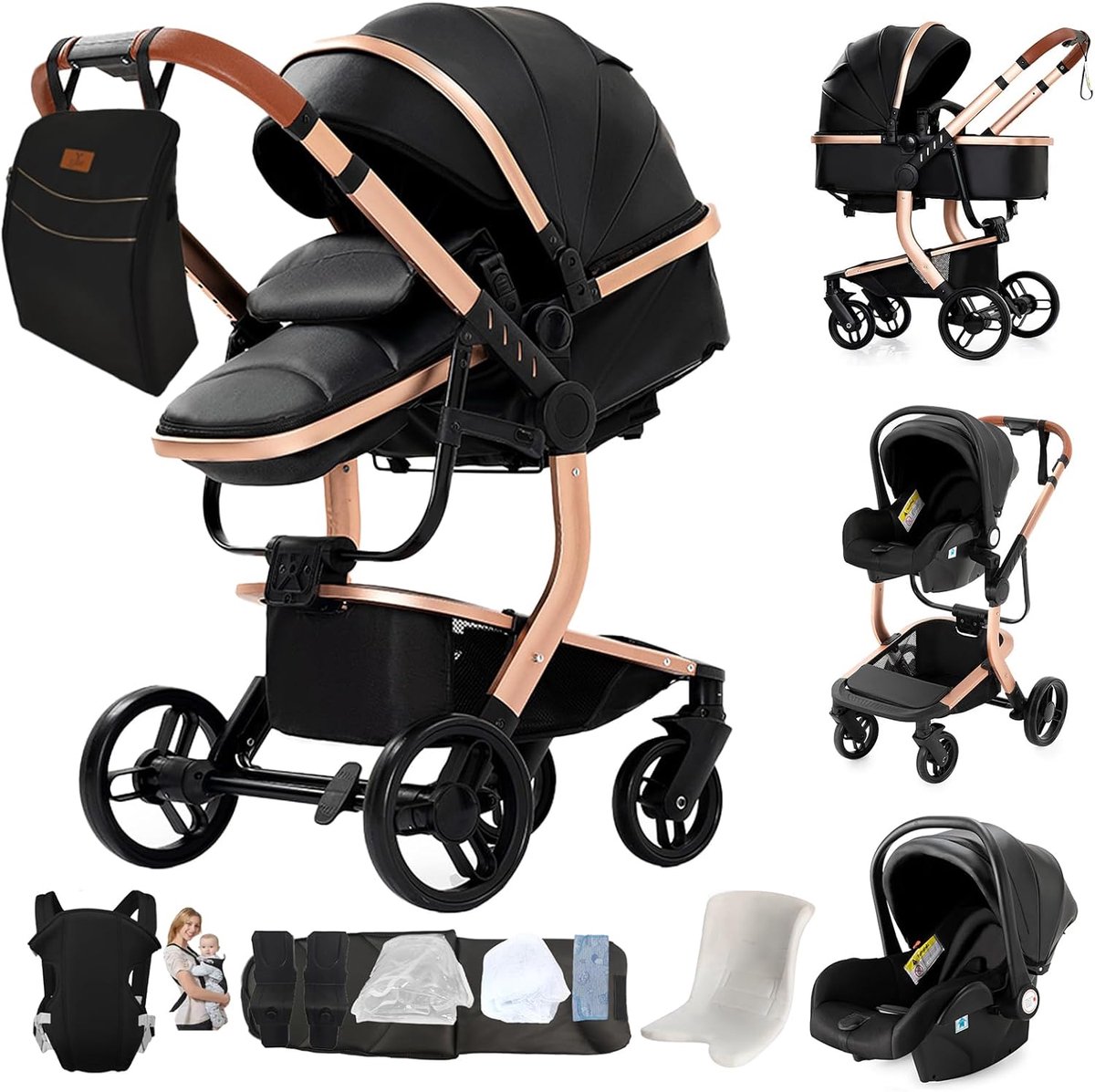 3-in-1 Kinderwagen - Combi Kinderwagen - Comfortabel Reizen - Omkeerbare Schuifmodus - 83x62x106 cm - Zwart