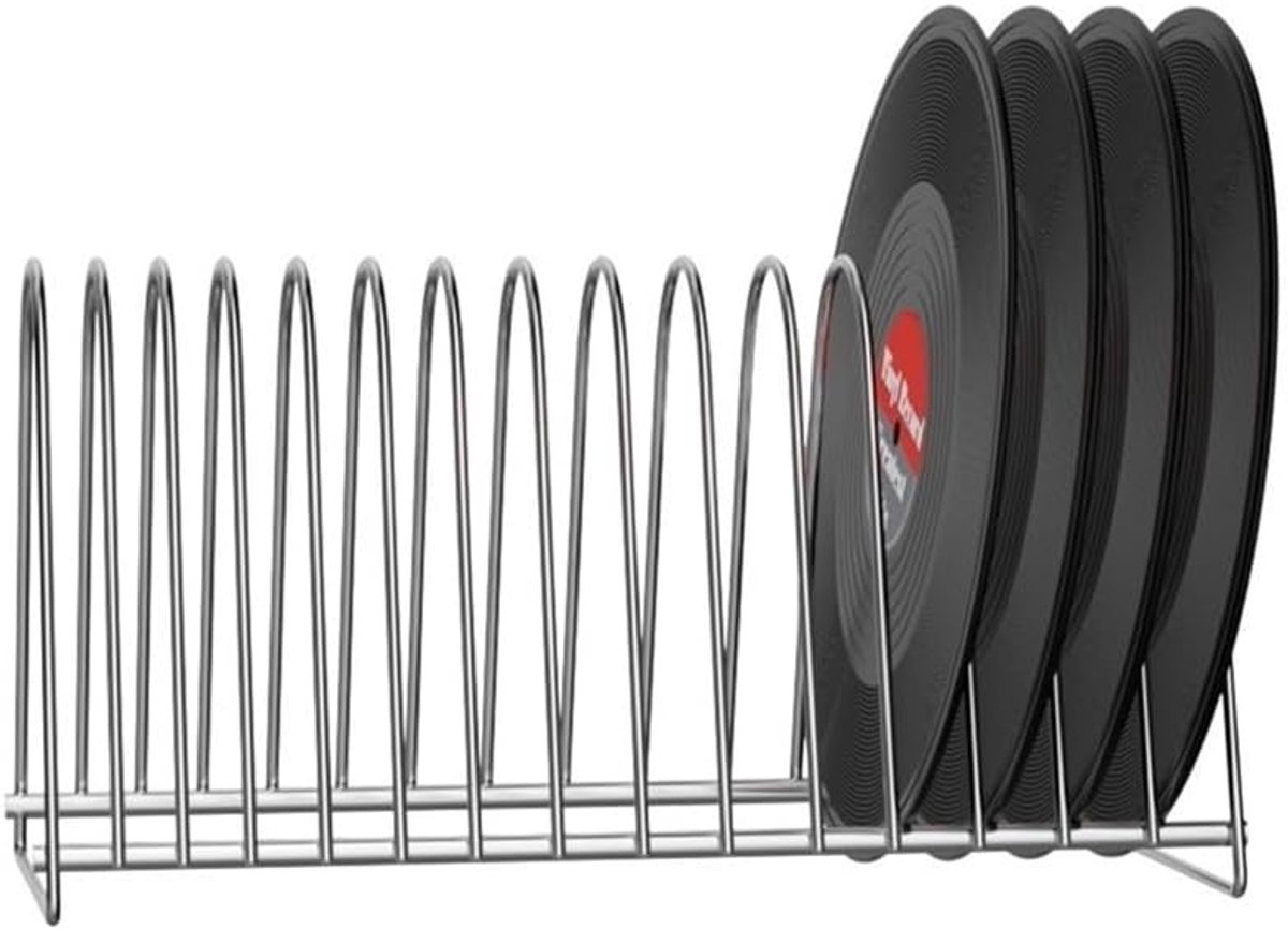 Platenhouder Driehoek - Vinyl Opslagrek - Desktop Organisatie - Roestvrij Staal - Maat L - Zilverkleurig