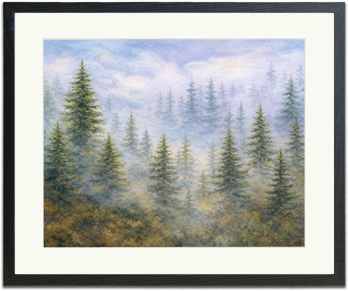 Mistig bos - Ingelijste Muurkunst - 63x53cm zwart frame - Glasplaat en Passe-partout - Museum kwaliteit print