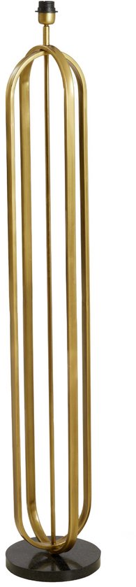 Gouden staande lamp met een dunne, ovale vorm en marmeren voet.