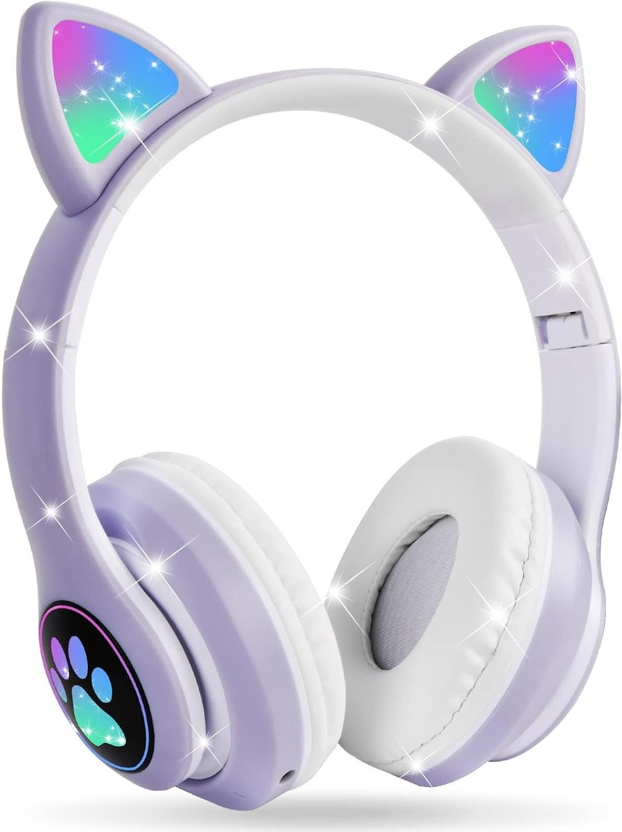 Draadloze Kinderoorkoptelefoon met LED Kattenoren, HD Stereo Geluid, 10 Uur Speeltijd, Vouwbaar voor School en Reizen, Volume Beperking tot 105dB