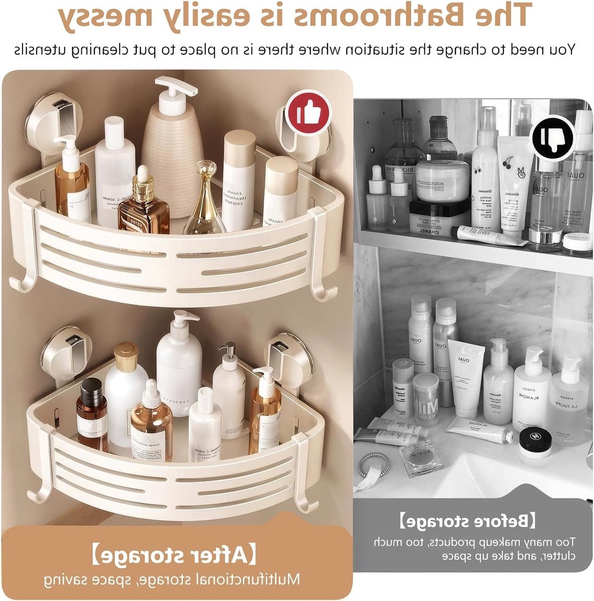 Hoekige Doucheplank met Zuignappen - 2 Stuks, Badkamer Organiser met Haakjes en Handdoekrek, Aluminium Wandplank voor Douche en Keuken, Ruimtebesparend en Makkelijk te Bevestigen