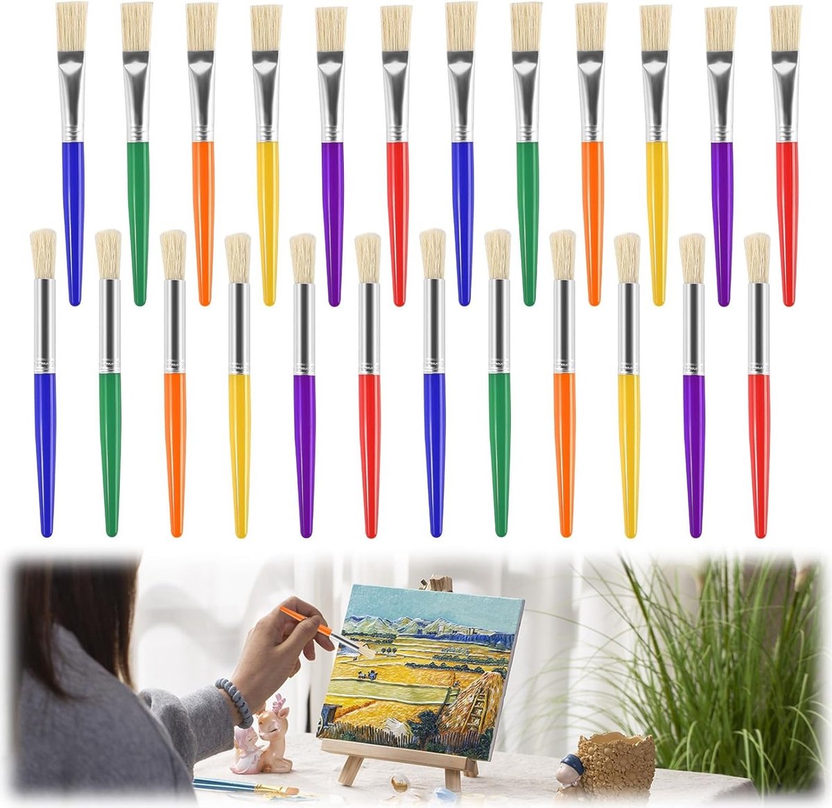 24-delige Grote Borstelset met Ronde en Platte Tips - Kleurige Verfkwasten voor Beginners en Kunststudenten, Wasbare en Dikke Verfkwasten