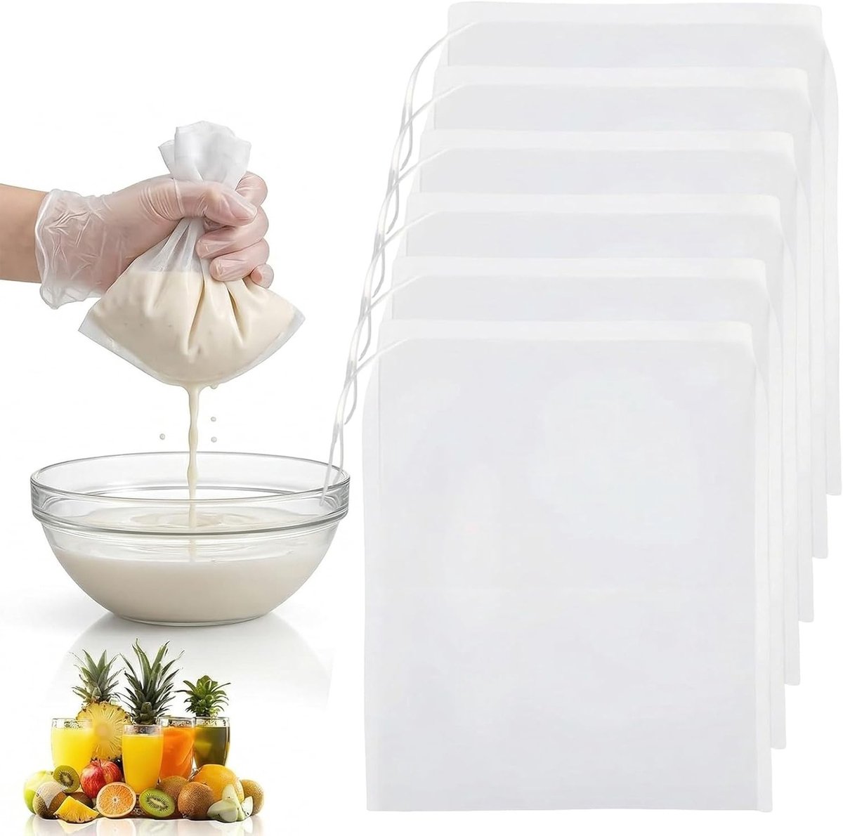 Set van 6 Herbruikbare Notenmelkzakken van Nylon - Fijnmazig Filter voor Kaas, Sap en Groenten, 30x20 cm