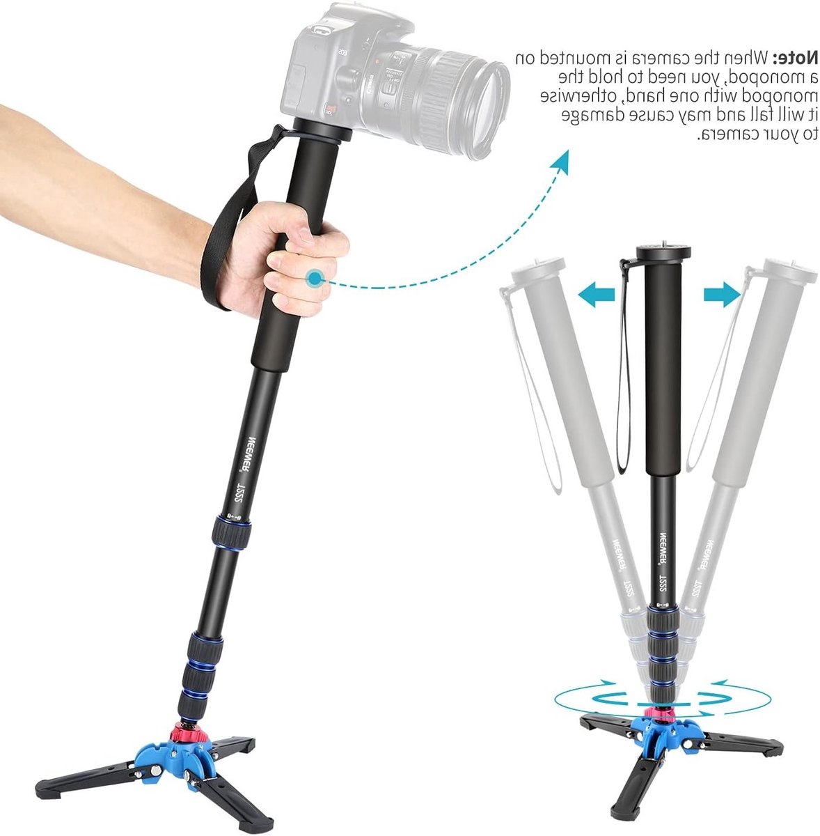 Verstelbare camera statief met afneembare en opvouwbare basis van aluminium, hoogte 52-168 cm, geschikt voor DSLR en mirrorless camera's, maximaal 5 kg belastbaar
