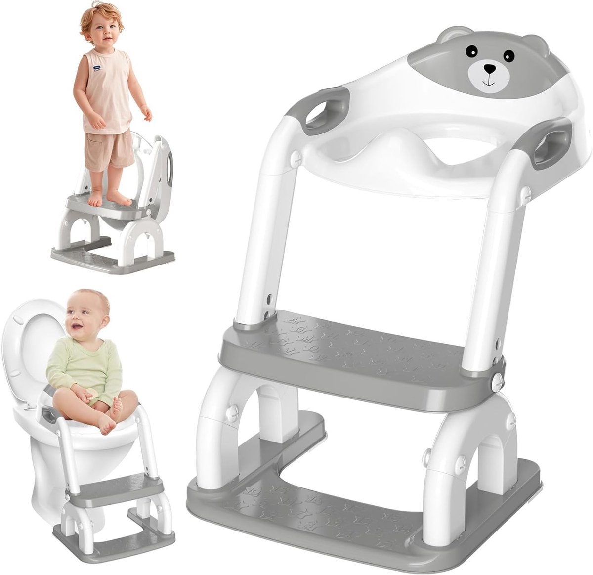 Verstelbare 2-in-1 Kinder Toiletbril met Ladder, Opvouwbaar en Antislip, Zacht PVC Kussen voor Gemakkelijk Gebruik