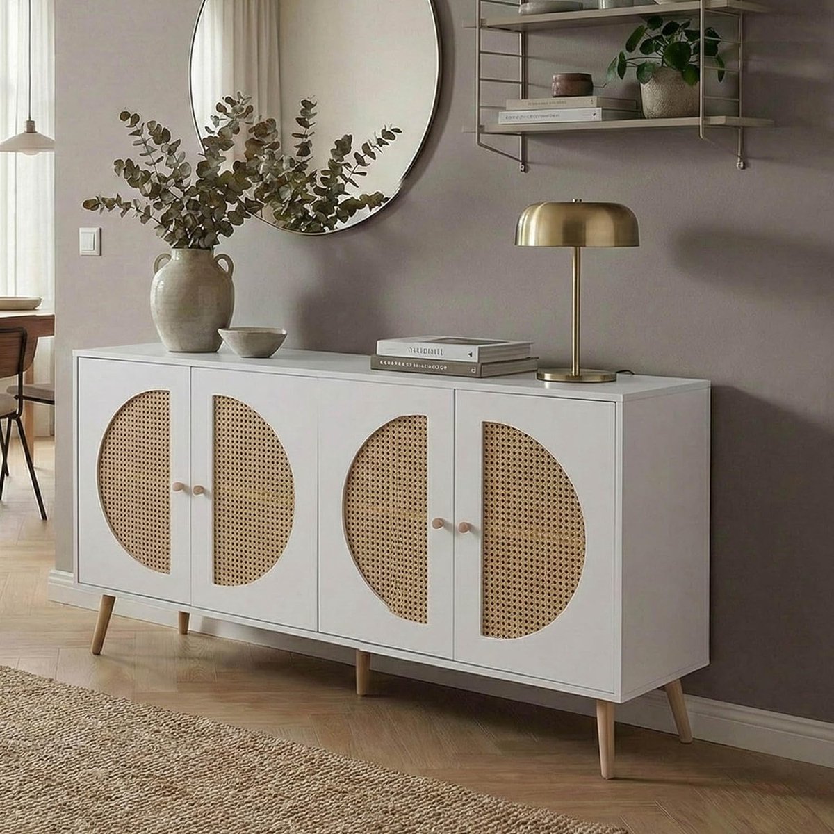 Design Sideboard Kast met Deuren en Opbergvakken 80x160x40 cm – Wit met Polyrattan Accenten – MDF Melamine – HWC-P49