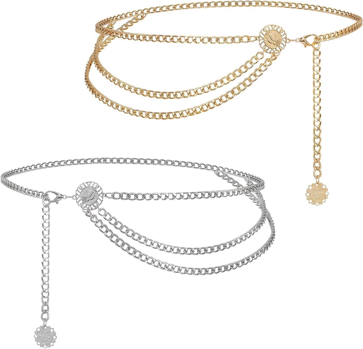 Verstelbare 90 cm Metalen Tailleketting voor Vrouwen, Geschikt voor Piratenkostuums, Buikketting en Tailleband in Zilver en Goud, Perfect voor Feestjes en Thema-avonden