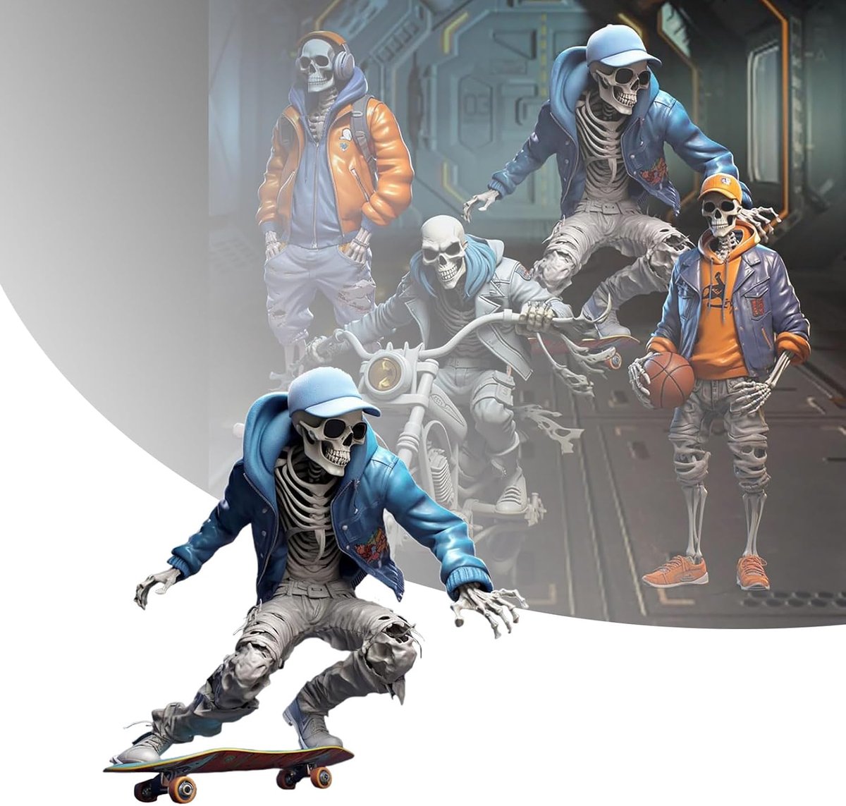 carmdering - Schedelbeeld - Resin Beeldje - Bureaudecoratie - Skateboarder, handgeschilderd, uniek design - Stevig resin, ideaal voor Halloween en cadeau - 9.5x7.1x7.1 inch
