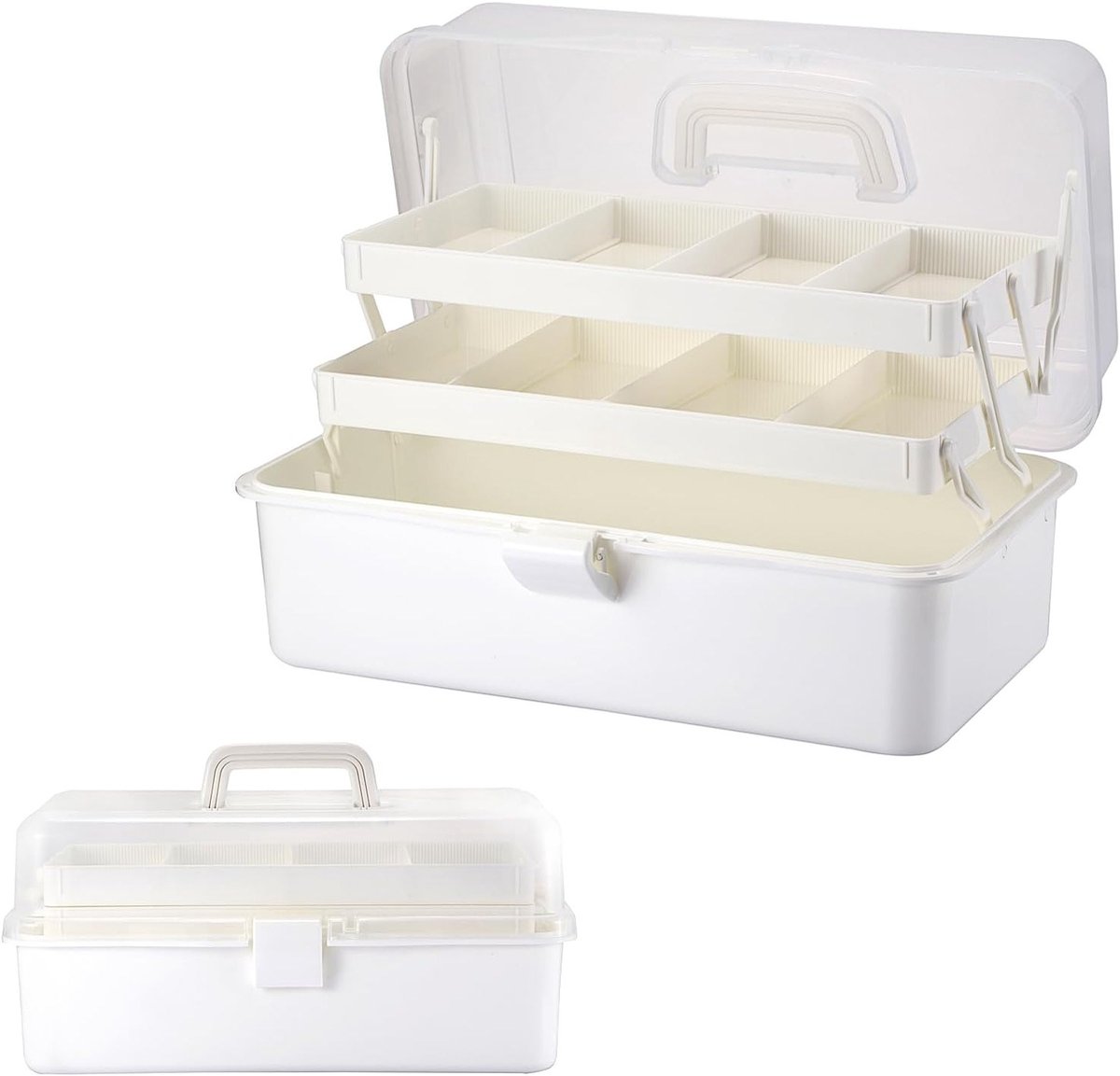 Multifunctionele 3-laags opbergdoos, BPA-vrij, voor naaien, medicijnen, pennen en cosmetica, met verstelbare indeling en deksel, ideaal voor knutselen en organisatie, wit