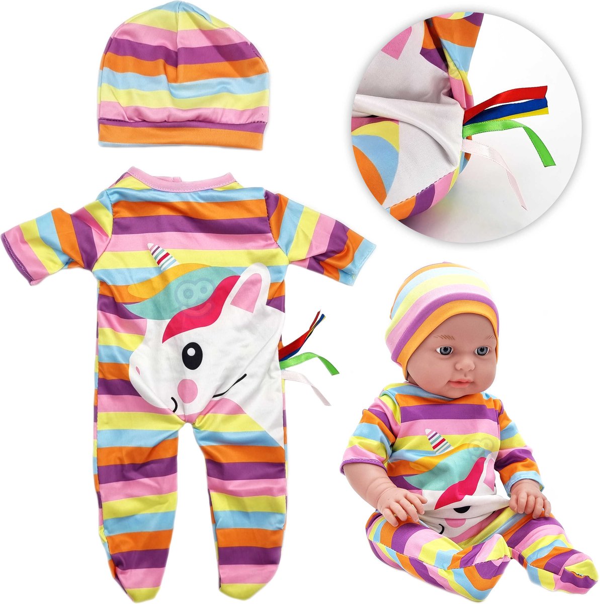 Woopie Royal poppenkledingset romper bodysuit eenhoorn hoed 43-46 cm - UNI