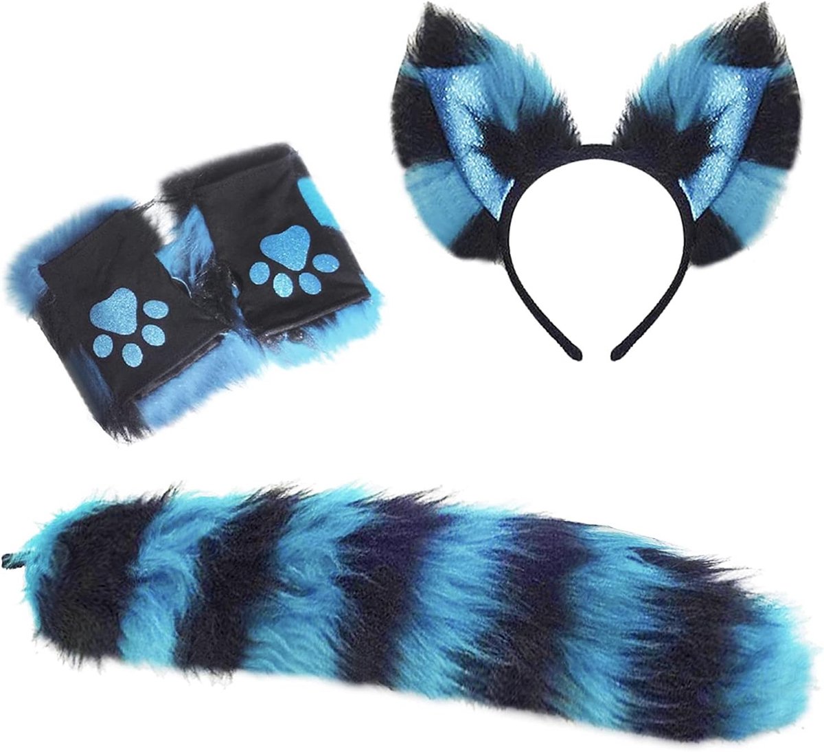 Drie kostuums voor Halloween en feestjes - Lange kattenstaart, kattenoren en handschoenen voor Valentijnsdag