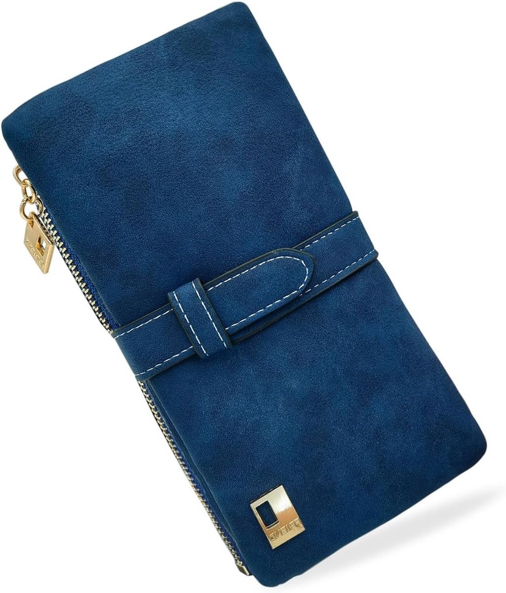 Dames Lange PU Leren Portemonnee met Rits - Ruime Bifold Portemonnee met Meerdere Vakken voor Werk en Reizen, Blauw, Modern en Stijlvol
