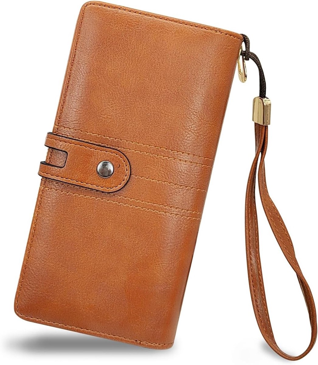 Dames Lange Portemonnee met Afneembare Schouderriem en Rits, PU Leren Wallet met 12 Kaartvakjes, Bruin, Modern Design en Ruime Opbergruimte