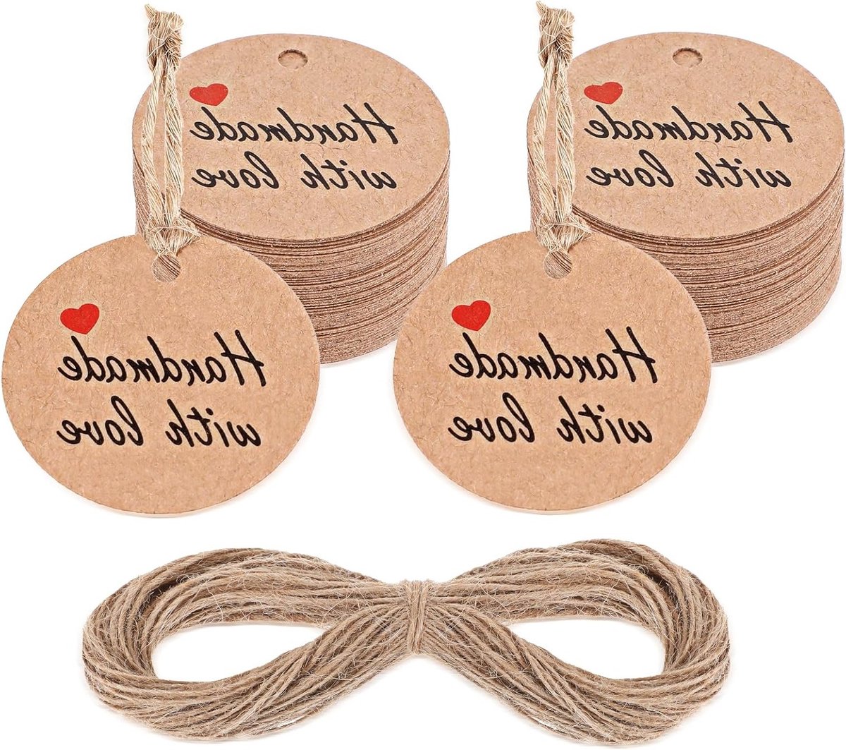 100 Stuks Handgemaakte Tags met Liefde, Kartonnen Craft Tags met Touw voor Cadeaus, Kaarsen en Feestjes, Geel Kraft Papier voor Trouwen en Verjaardagen