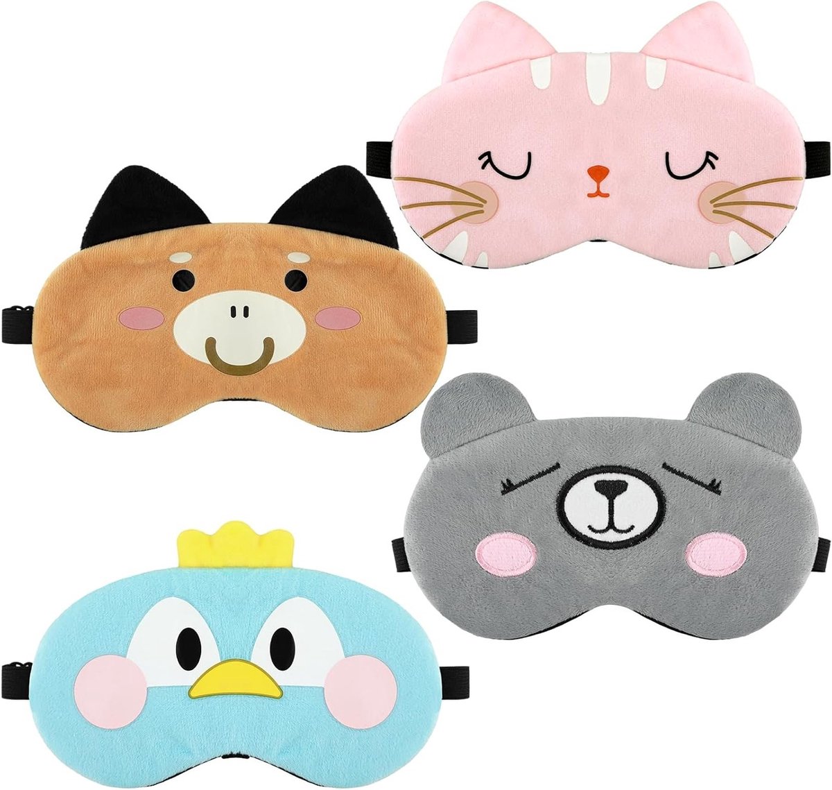 Schattige 3D Dieren Slaapmaskers voor Kinderen, Set van 4, Ademend en Ultra Zacht, Ideaal voor Reizen en Naps