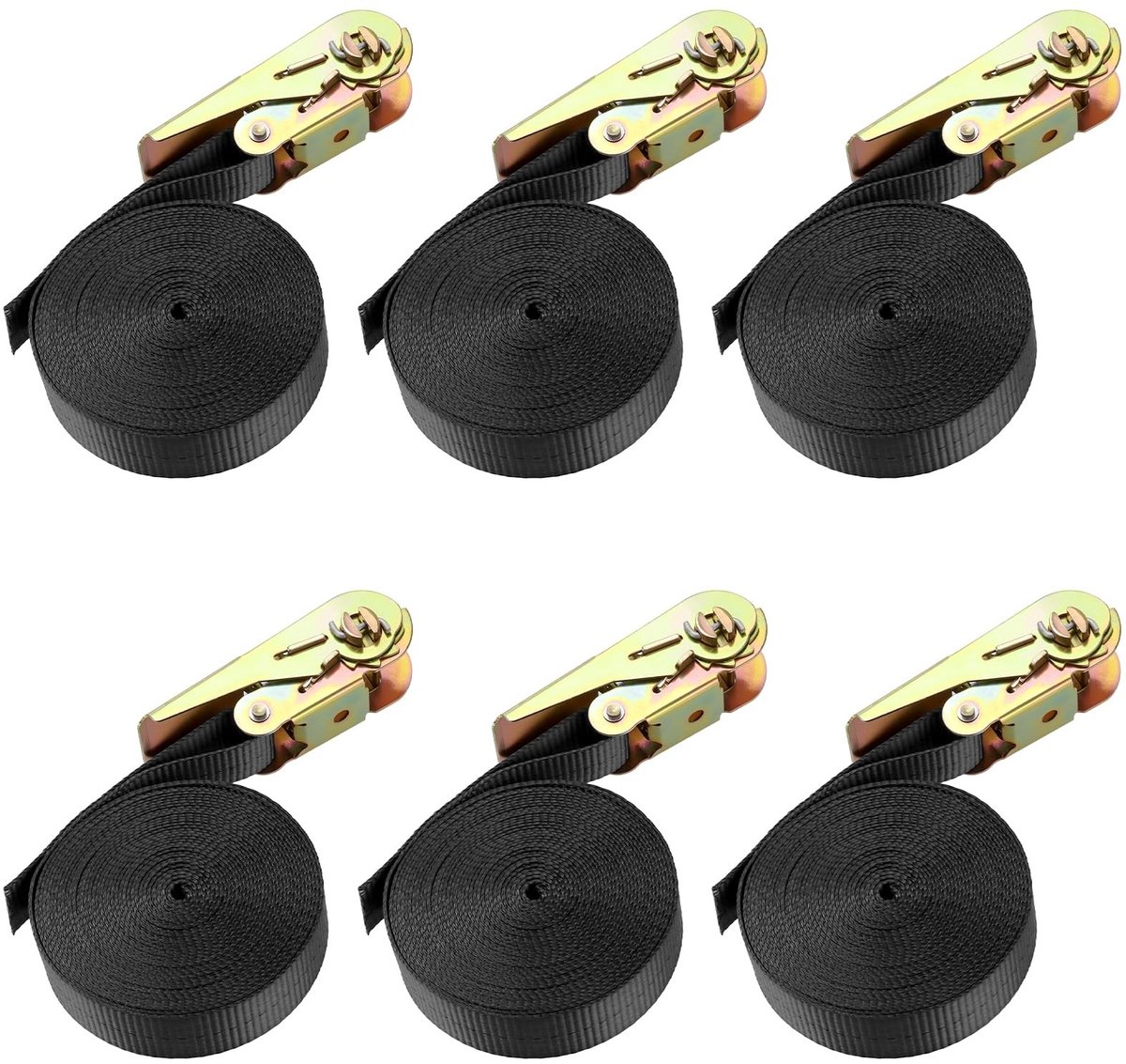 Dailygoods- Spanbanden met Ratel 6 m x 25 mm - 6 Stuks - Belastbaarheid 800 kg - Sjorbanden - Professionele Ratelriemen - Roestvrij Staal