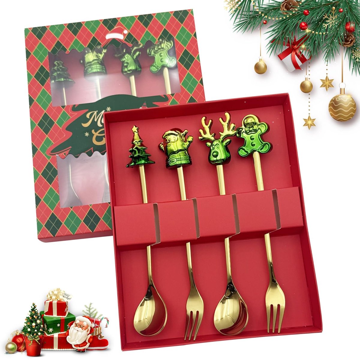 Dailygoods- Bestekset 4-delig - Gouden Bestekset - Groen Fonkelend - Kerstfeest Cadeau - Klassieke Motieven - Roestvrij Staal - Servies