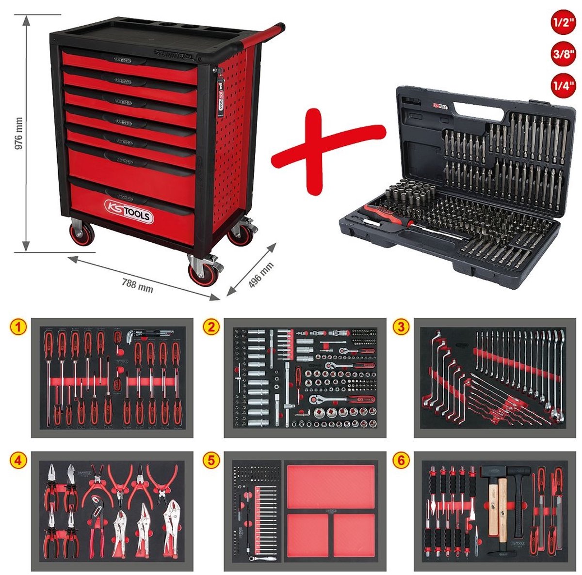 KS Tools Gereedschapswagen Racingline - Gevuld - 598-delig - 7 lades - Rood, Zwart