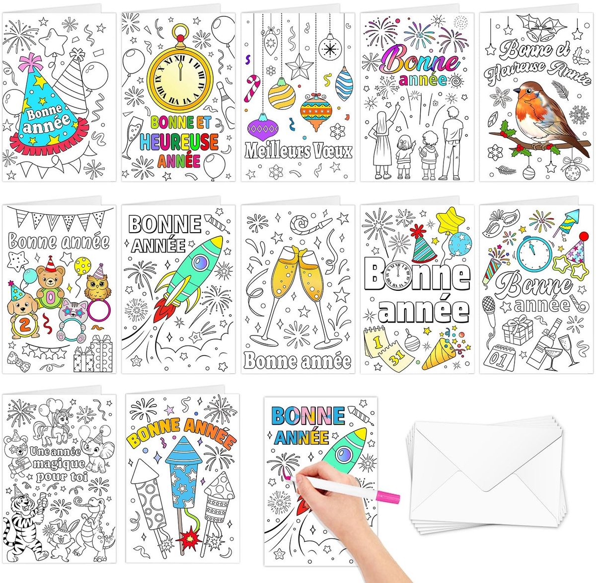 Dailygoods- Kleurkaarten Set - 12 Kleurkaarten - Wenskaarten zonder tekst - Enveloppen - Creatief - Voor kinderen