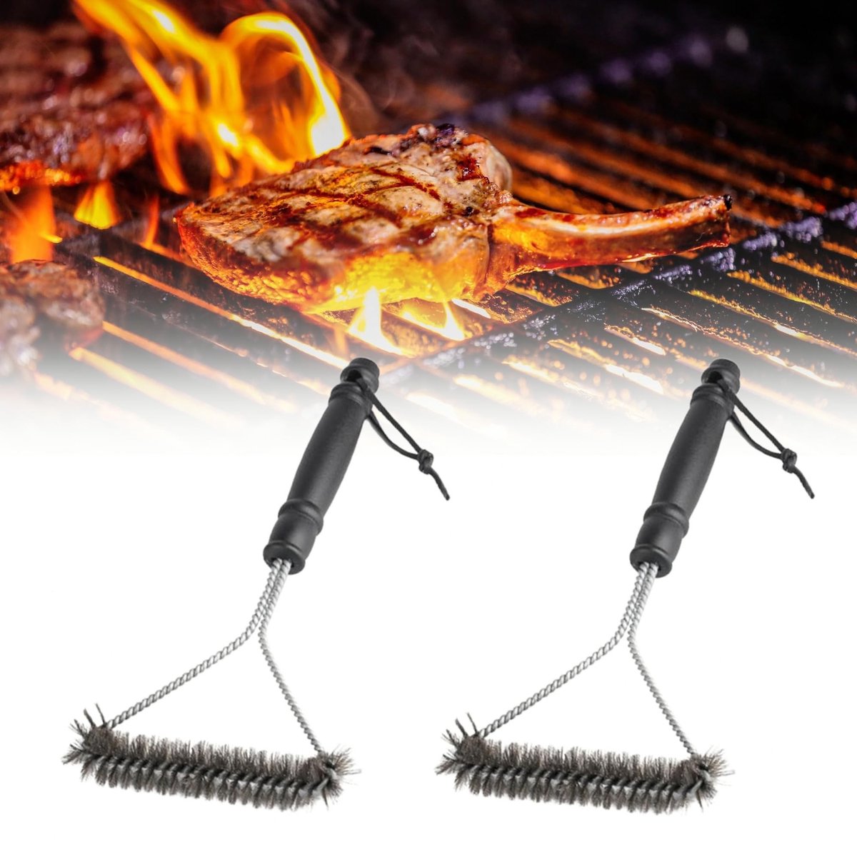 VLEMICO- Grillborstel 30 cm - 2 Stuks - Messing Borstelharen - Roestvrij Staal - Antibrandbescherming - Comfortabel Handvat - Grillreiniger
