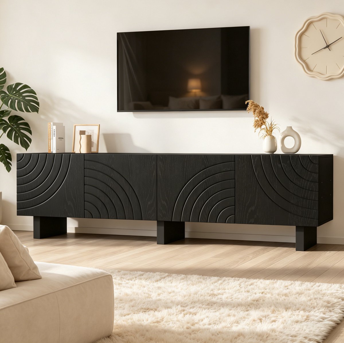 MIVRAY Tv Meubel - Modern Lowboard Met 4 Deuren En Opbergruimte - Voor Woonkamer En Grote Televisie - Spaanplaat - 180x40x55 Cm Zwart
