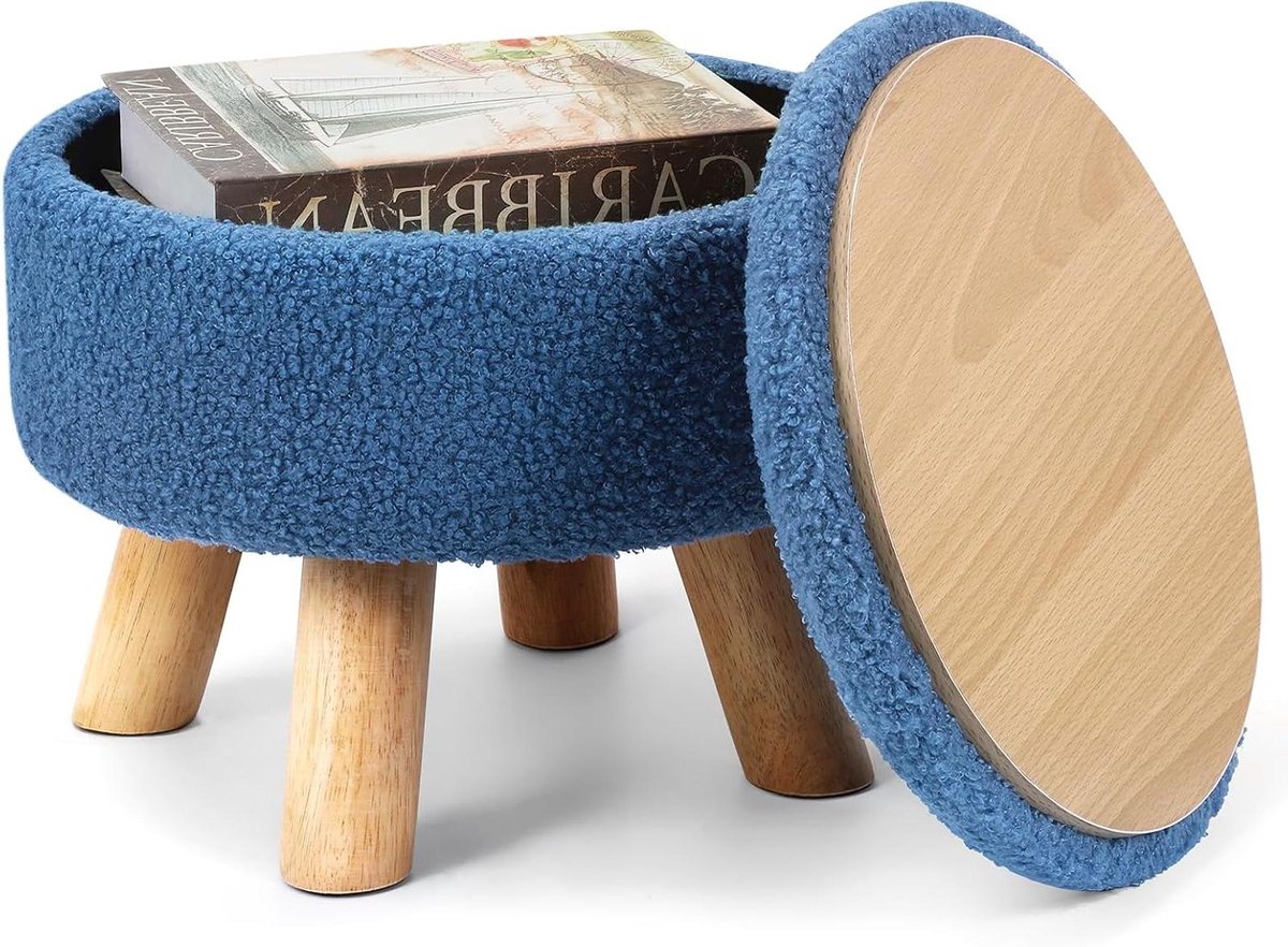 Ronde voetenbank - Poef Ottomaan - Ontspannen Zitten - Zacht Teddy Materiaal - 40 cm Hoog - Donkerblauw