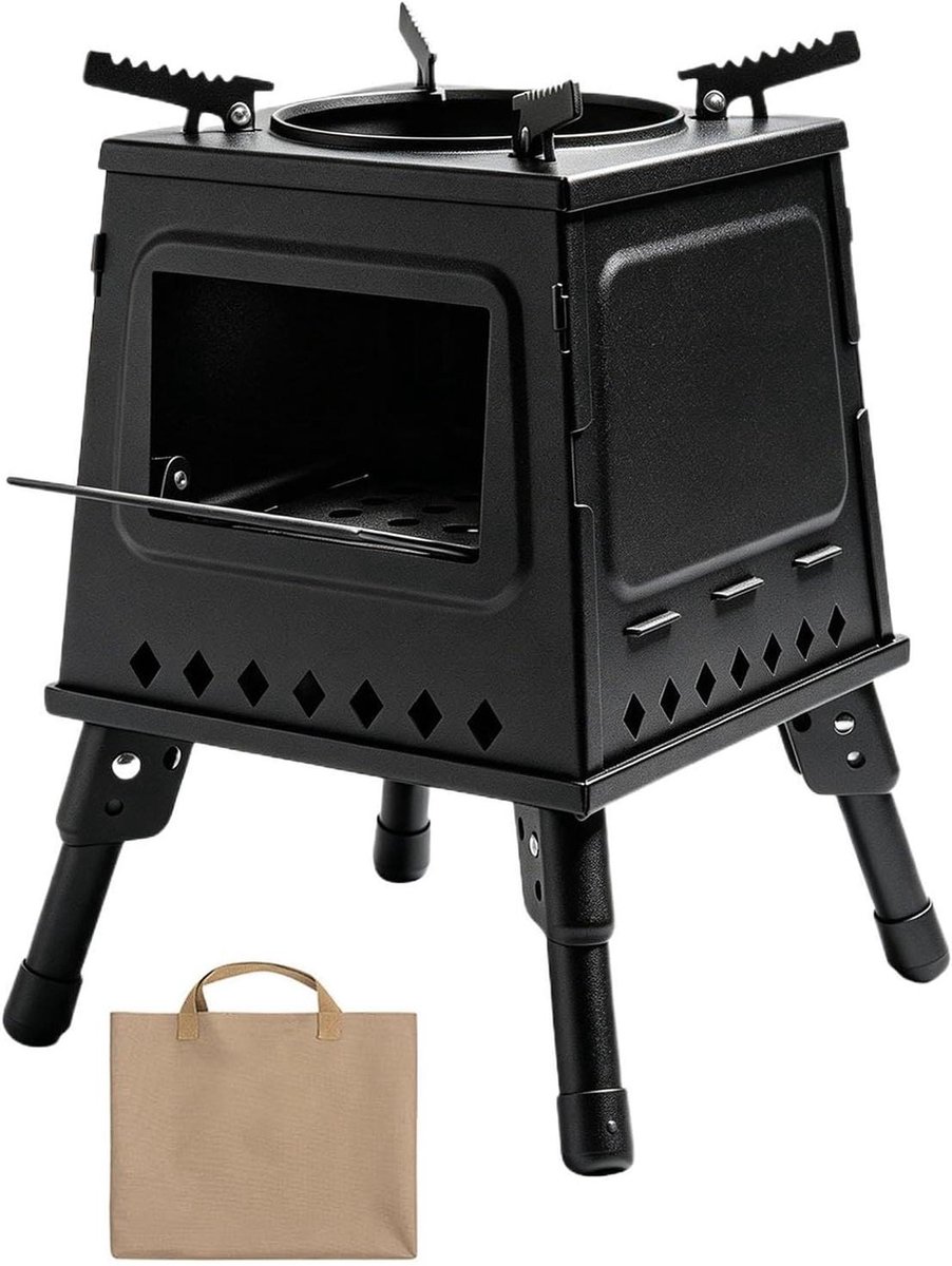 Draagbare Houtkachel - Buitenverwarmer - Kamperen en Grillen - Snelle Opwarming - 22x22x14 cm - Zwart