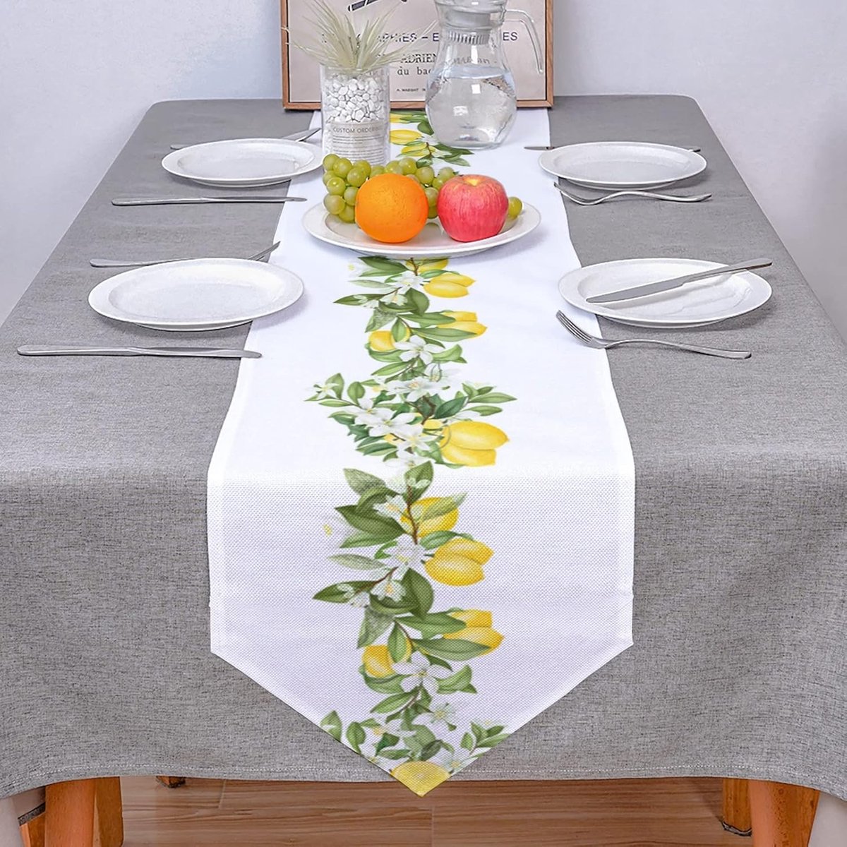 Tafelloper Katoen Linnen - Tafelkleed Decoratie - Feestelijke Tafel Decoratie - Vuilafstotend Schimmelwerend - 33x304cm - Citroen Bladeren