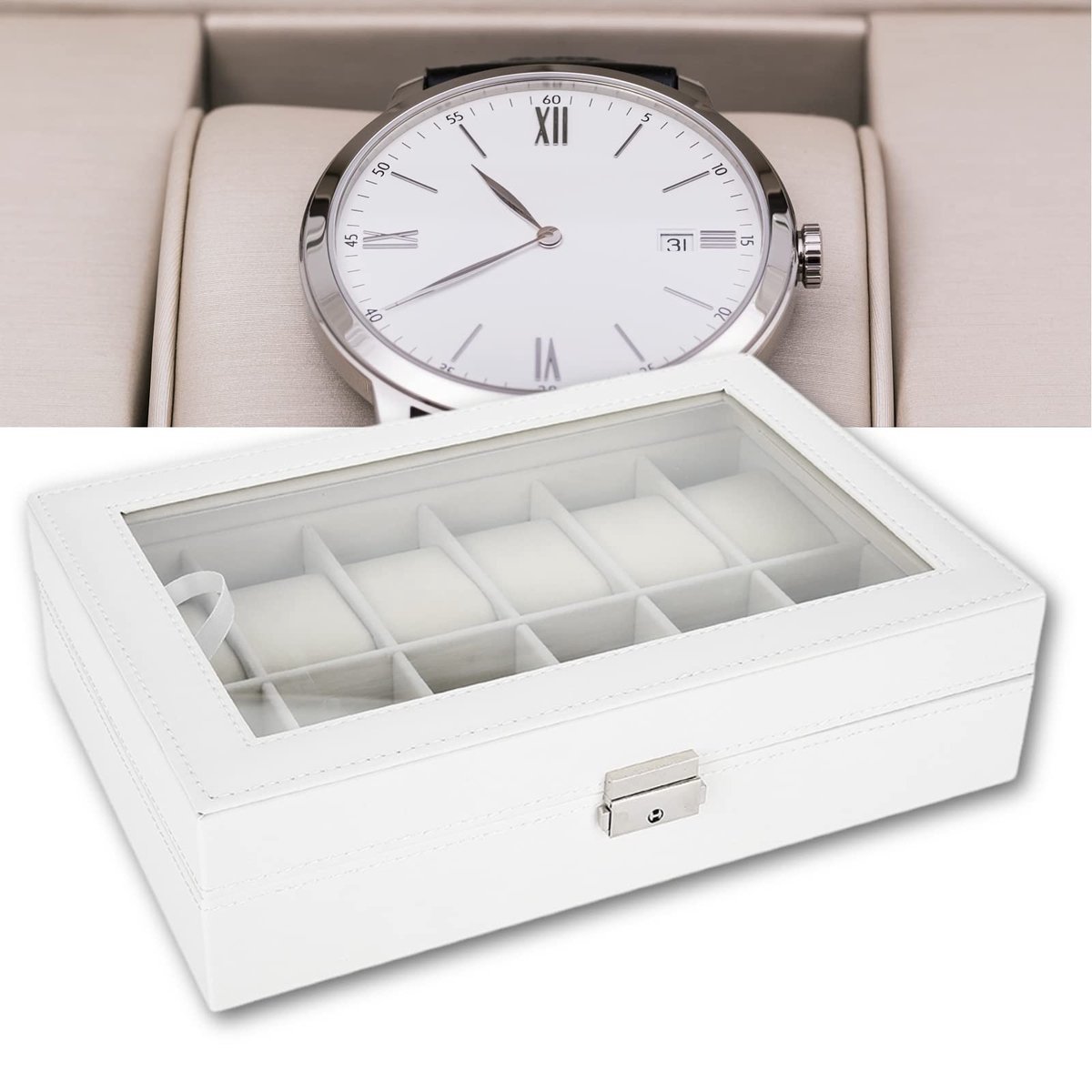 SMOAKEZ- Horloge Box 12 Compartimenten - Horloge Doos - Horlogebox Hout - Horloge Etui - Presentatie Box - PU Leer met Glasplaat - Horloge Organizer