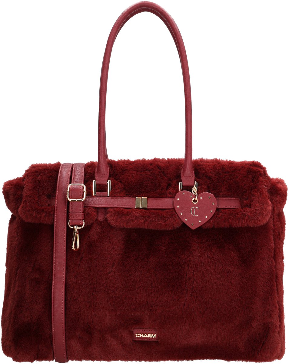Charm London Stockholm Laptoptas - Faux Bont - 15.6 Inch Laptopvak - Werktas - Schoudertas - Bag Charm - Dames - Schooltas - A4 - Bordeaux rood