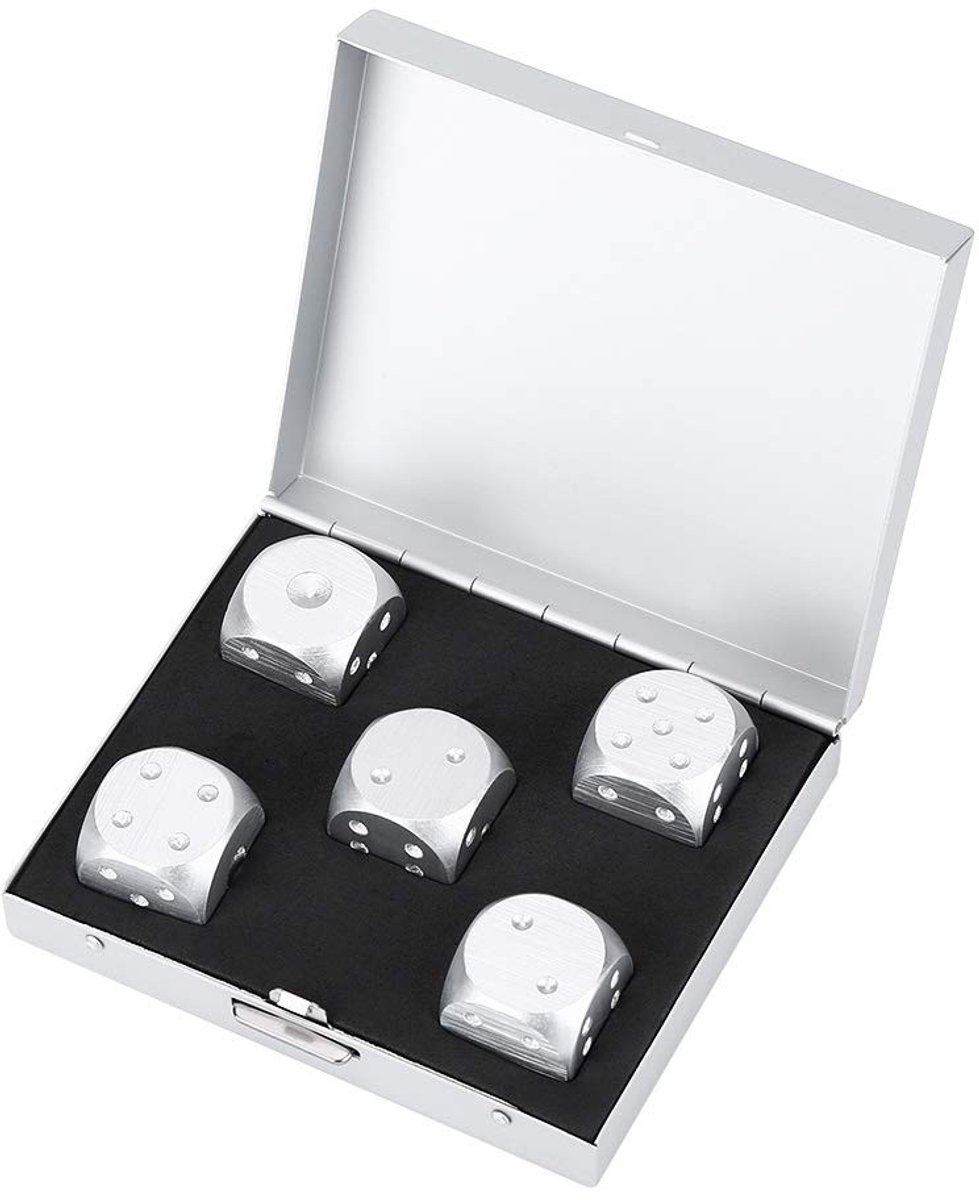 JHUBERS- Dobbelstenen Set 5 Stuks - Aluminiumlegering - Opbergdoos - Tafelspellen - Roestvrij - Duurzaam - Luxe Kleuren - Dobbelsteenset